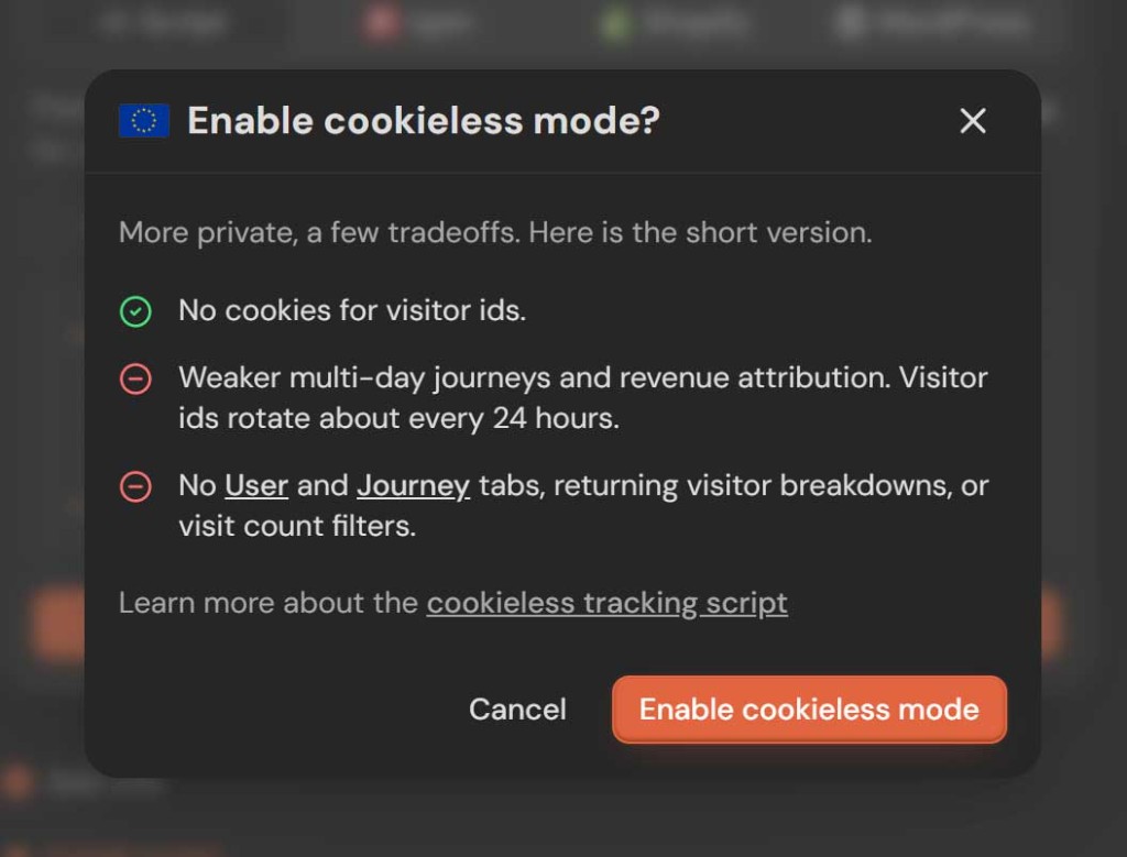 DataFast dialog explaining cookieless mode: no cookies for visitor IDs, weaker multi-day journeys and revenue attribution, and no User or Journey tabs