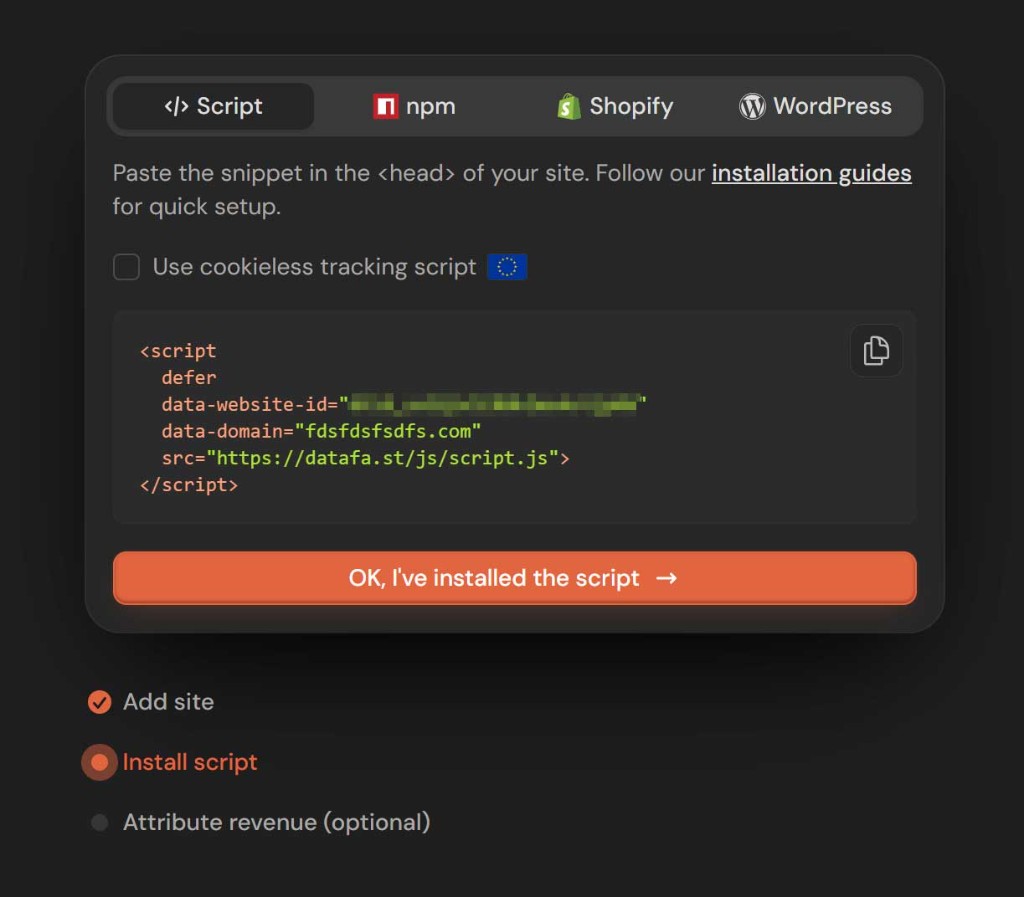 DataFast install wizard showing script, npm, Shopify, and WordPress options with a cookieless tracking checkbox and head snippet