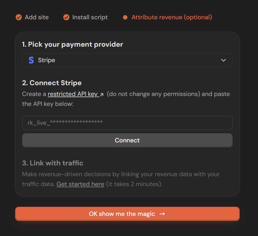 DataFast optional Attribute revenue step showing Stripe selected, a restricted API key field, and a link-with-traffic prompt